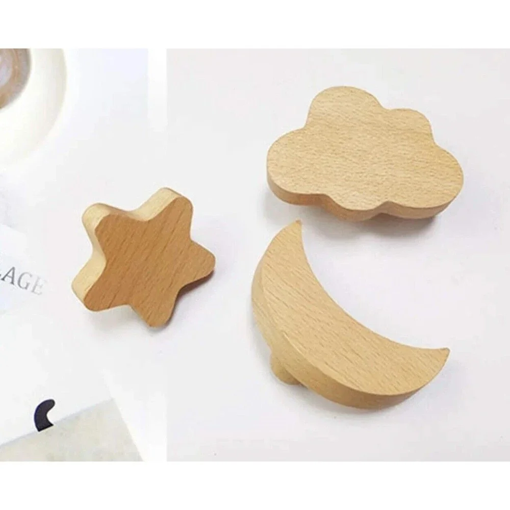 Moon Star Cloud Wall Hooks for Nursery, Boho Nursery Decor, Natural Wood Hooks